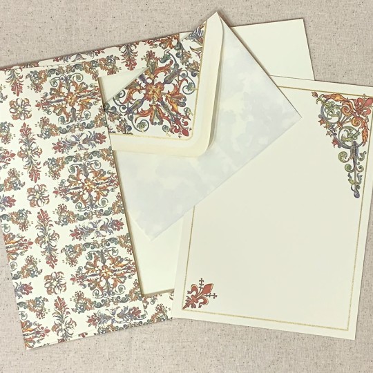 Italian Stationery Letter Writing Set in Portfolio ~ 10 sheets + 10 envelopes ~ Colorful Florentine Design with Gold Highlights